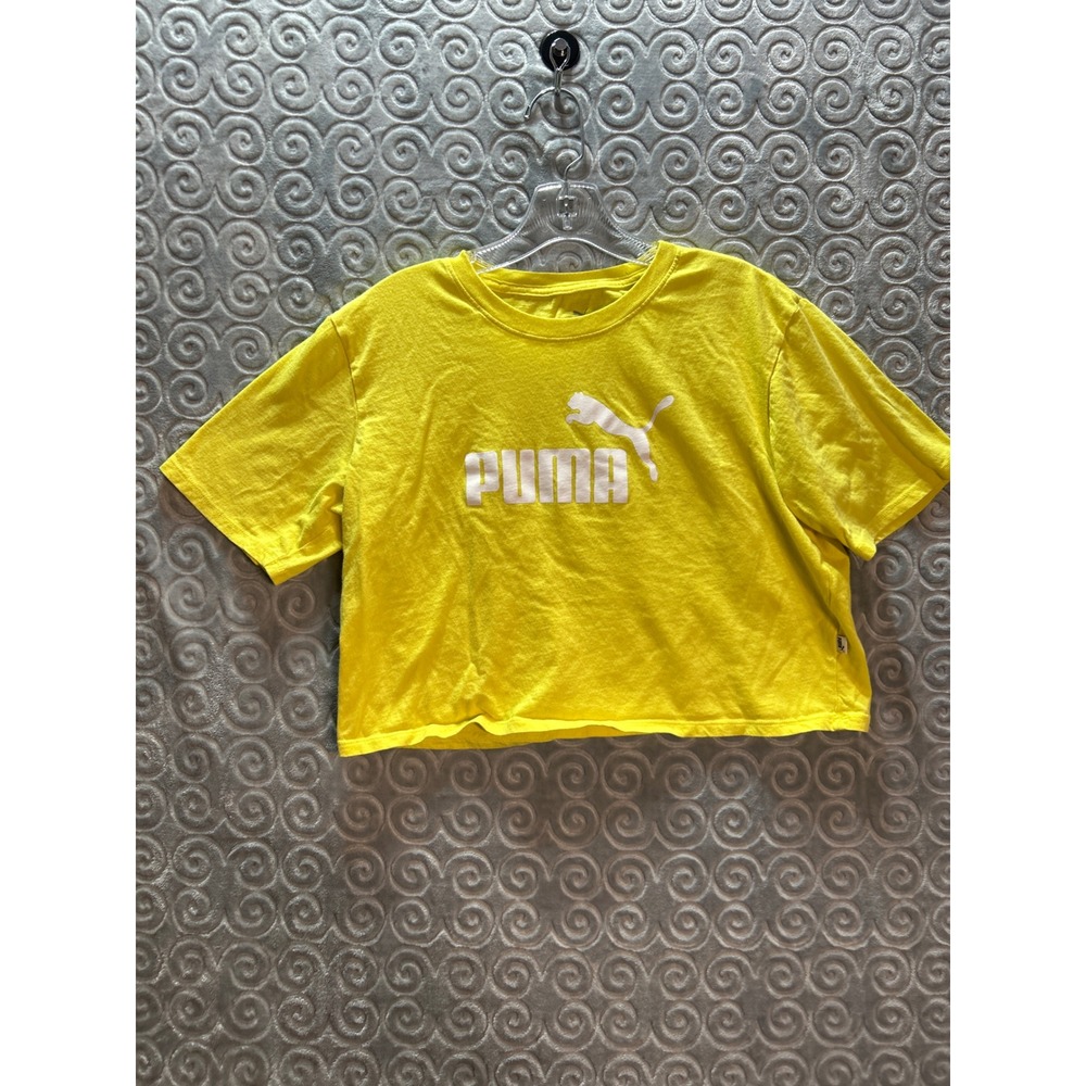 Puma Womens Yellow Cropped T Shirt Logo Graphic Short Sleeve‎ Casual Top
